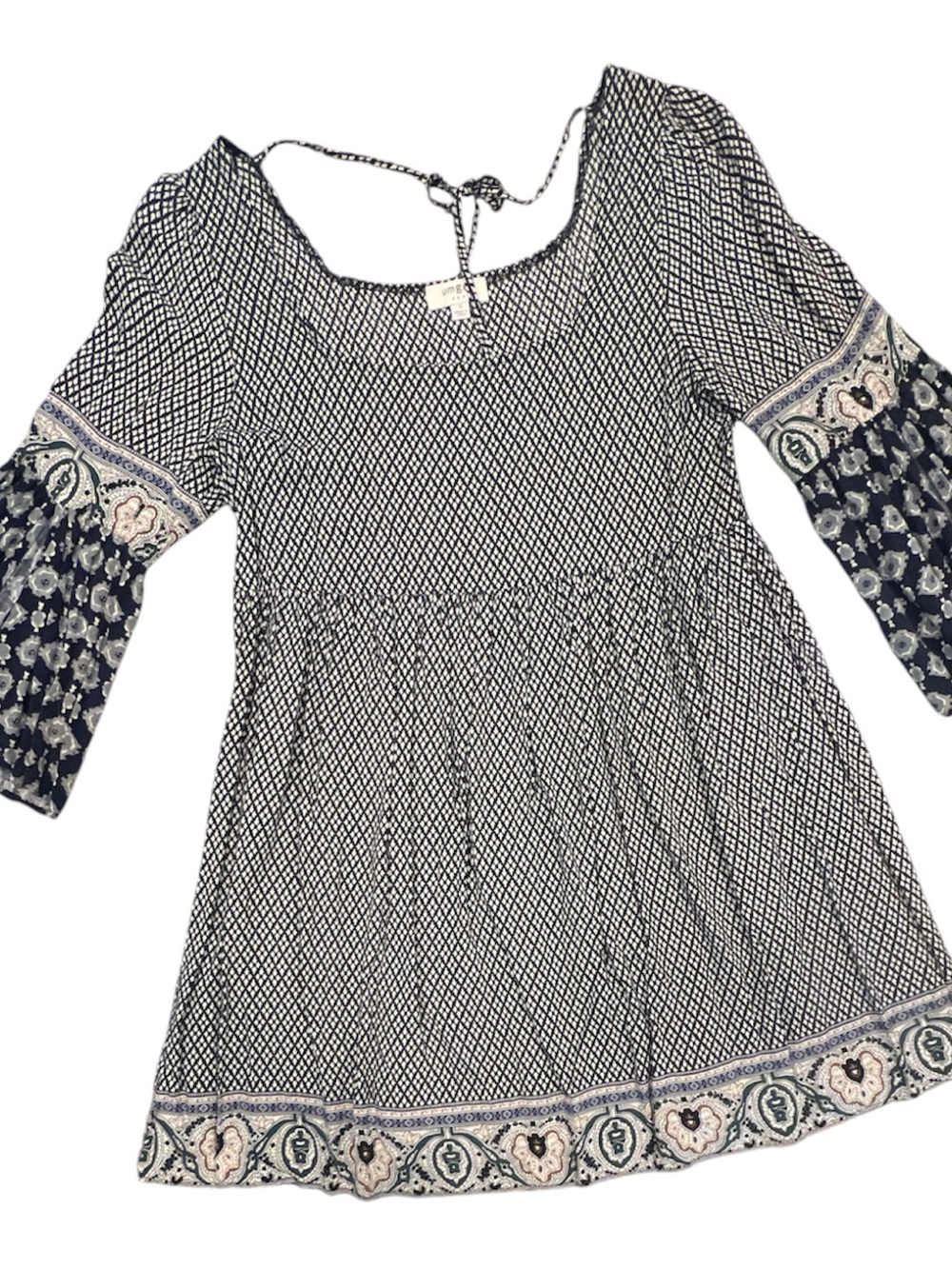Umgee USA Boho Paisley Geo Bell Sleeve Square Neck Tunic Top Size Small